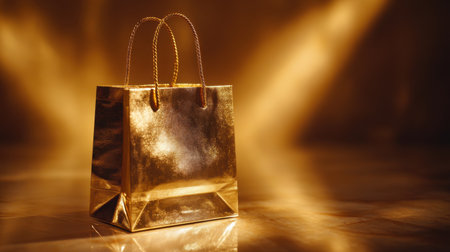 A stunning golden shopping bag stands prominently on a reflective surface, illuminated by captivating rays of light, perfect for luxury marketing and festive displays.の素材