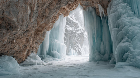 Explore a captivating frozen cave featuring striking ice formations and rocky walls that create a mystical winter landscape perfect for adventure and exploration.の素材