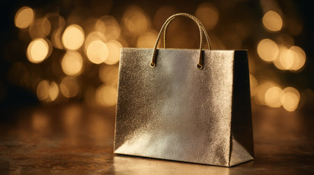 A beautiful gold gift bag rests on a wooden surface, surrounded by soft, glowing lights, creating an enchanting atmosphere for any festive celebration.の素材