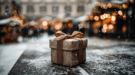 A charming gift box rests on a snow-dusted table, surrounded by soft glowing lights from a festive market, evoking warmth and joy during the winter holiday season.の素材