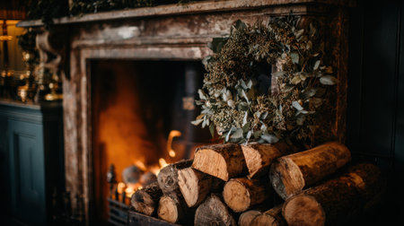 Discover a charming indoor setting featuring a warm fireplace with burning flames and stacked logs, complemented by a decorative wreath for cozy winter vibes.の素材