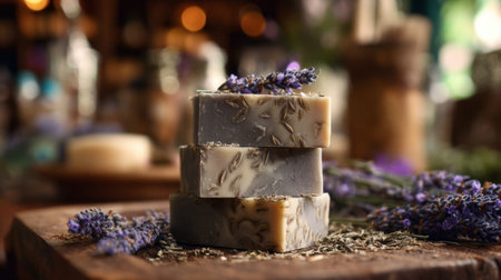 A beautifully crafted artisan soap is showcased on a wooden board, surrounded by lavender flowers, evoking a sense of natural beauty and tranquility in a rustic atmosphere.の素材
