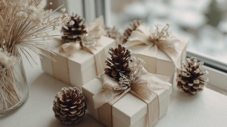 This image showcases elegantly wrapped gifts adorned with pine cones and ribbons, set against a beautiful winter backdrop, creating a cozy and festive mood.の素材