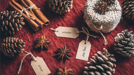 A charming holiday arrangement featuring cinnamon sticks, pinecones, and anise stars on a rich red fabric background, ideal for seasonal decor and festive crafts.の素材