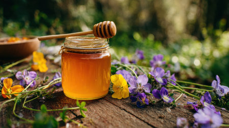 A beautiful jar of honey with a wooden dipper sits amidst colorful wildflowers, showcasing the natural sweetness and vibrant textures of nature's bounty.の素材