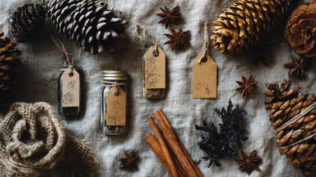 A cozy arrangement showcases natural elements, including pine cones and spices like cinnamon and star anise, set on rustic fabric for a warm ambiance.の素材
