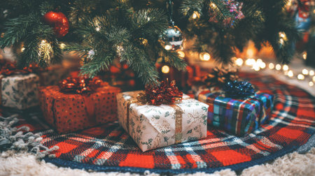 A vibrant collection of beautifully wrapped gift boxes nestled under a Christmas tree, surrounded by twinkling lights and a cozy decorative blanket, evoking holiday cheer.の素材