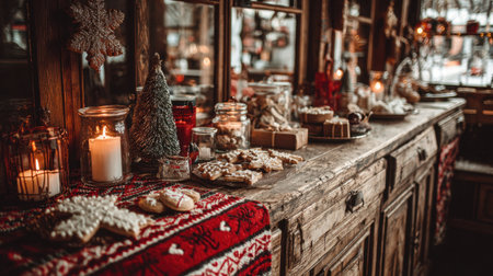 A cozy holiday scene featuring a rustic wooden table adorned with Christmas cookies, flickering candles, and festive decorations, creating a warm and inviting atmosphere.の素材