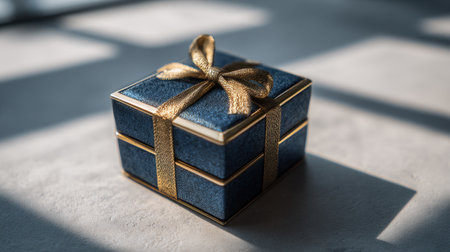 A delightful blue gift box adorned with a shimmering golden ribbon rests gracefully on a textured surface, illuminated by gentle sunlight, perfect for any occasion.の素材
