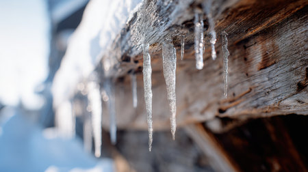Captivating close-up of icicles dangling from weathered wood, encapsulating the essence of winter. Sunlight glistens on frozen droplets against a serene sky.の素材