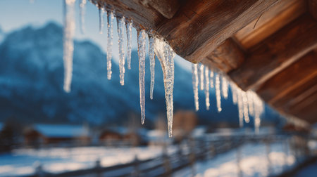 Beautiful scene featuring icicles that hang gracefully from rustic wooden eaves in a serene winter landscape with snow-covered mountains illuminated by the soft morning light.の素材