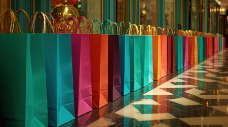A vibrant display of colorful shopping bags arranged neatly along a glossy floor. This image captures the essence of modern retail with luxury design elements.の素材