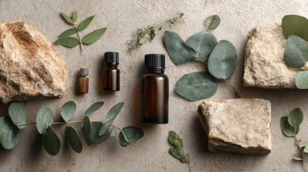 Discover a serene composition featuring amber bottles, eucalyptus leaves, and natural stones. Perfect for wellness, beauty, and relaxation themes in photography.の素材