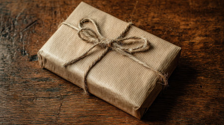 A beautifully wrapped brown gift package tied with twine rests on a wooden surface, conveying warmth and simplicity. Ideal for capturing moments of joy and celebration.の素材