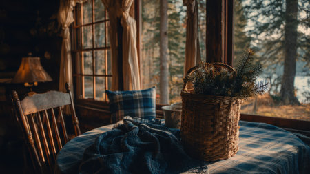 A tranquil cabin interior featuring a rustic table adorned with a basket of greenery. Natural light floods the room, providing a warm and inviting atmosphere.の素材