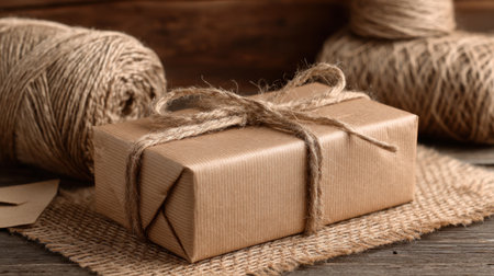 A beautifully wrapped gift in brown paper tied with twine, surrounded by natural yarn, showcasing a rustic aesthetic ideal for eco-conscious celebrations and crafts.の素材