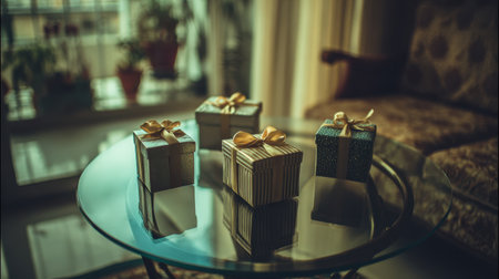 A serene scene featuring beautifully wrapped gift boxes on a reflective glass table, surrounded by warm lighting and indoor plants, perfect for celebrations.の素材