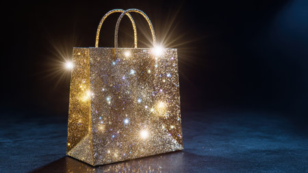 A stunning golden gift bag adorned with shimmering glitter and bright lights, perfect for enhancing the ambiance of celebrations and special events in an elegant manner.の素材