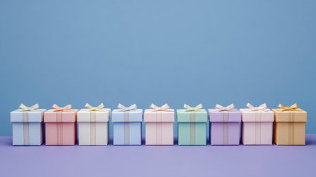 This charming image features pastel-colored gift boxes arranged in a row against a soft color background, evoking a sense of warmth and celebration suitable for various occasions.の素材