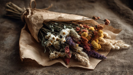 A beautifully arranged bouquet of dried flowers wrapped in rustic paper, showcasing a blend of colors and textures, perfect for enhancing home decor with nature's beauty.の素材