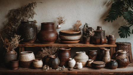 Explore a charming arrangement of handmade terracotta and earthenware pots, beautifully complemented by dried flowers on a rustic wooden shelf, embodying artisan craftsmanship.の素材