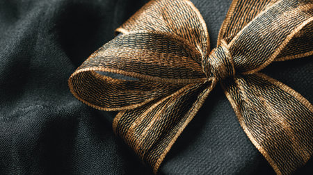 This elegant image showcases a luxurious black fabric adorned with a shiny gold bow, ideal for gift wrapping or enhancing holiday decor for any special occasion.の素材