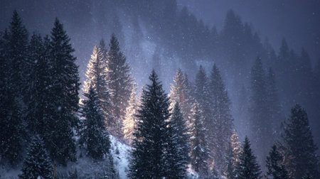 This stunning winter scene features a snow-covered forest with illuminated pine trees. The misty atmosphere and gentle snowfall create a serene and tranquil landscape.の素材