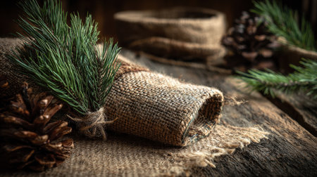 Beautiful arrangement of rustic burlap with fresh pine sprigs and pine cones on a wooden surface, ideal for winter-themed decoration and cozy atmospheres.の素材