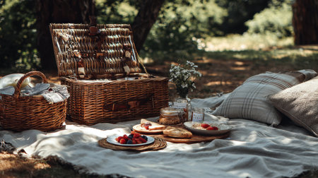 A picturesque picnic setup featuring a wicker basket, plates of fresh berries and desserts, and a cozy blanket in a sunlit outdoor location, perfect for summer enjoyment.の素材