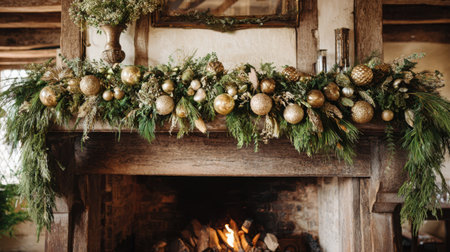 A beautifully decorated holiday garland showcasing gold ornaments and pinecones, creates a warm and inviting atmosphere above a rustic fireplace during winter.の素材