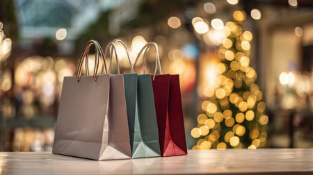 Vibrant shopping bags displayed on a wooden surface create a festive atmosphere in a mall filled with colorful lights and a Christmas tree, ideal for holiday promotions.の素材