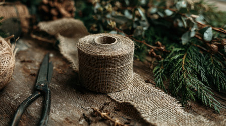 Capture the essence of rustic charm with this still life image featuring jute twine, scissors, and lush greenery on a weathered wooden table, perfect for crafting enthusiasts.の素材