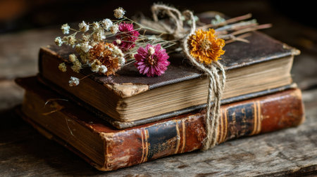 An artistic arrangement of vintage books adorned with dried flowers on a rustic wooden surface, creating a warm and nostalgic atmosphere perfect for home decor.の素材