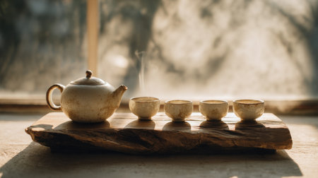 A serene tea ceremony featuring a traditional teapot and cups on a rustic wooden tray, with soft natural light seeping through the window, creating a peaceful ambiance.の素材