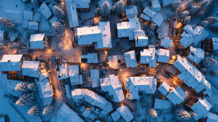 This stunning aerial image showcases a snow-covered village at dusk, with warm lights illuminating the charming rooftops, creating a serene winter wonderland atmosphere.の素材