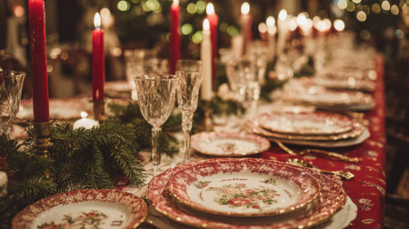 A beautifully arranged holiday dinner table features red candles, elegant china, and festive decorations, creating a warm atmosphere for family gatherings during winter.の素材