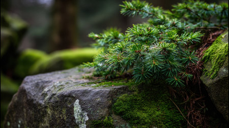 A close-up view of vibrant green foliage growing on a moss-covered rock in a serene forest setting, highlighting the beauty and tranquility of nature.の素材