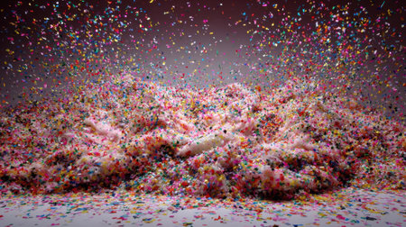A captivating scene featuring an explosion of colorful confetti surrounding a mound of fluffy cotton candy. This whimsical composition embodies joy and celebration, perfect for festive projects.の素材