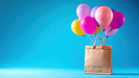 A collection of colorful balloons emerges from a stylish brown paper bag, set against a vibrant blue backdrop, embodying joy and excitement for celebrations.の素材