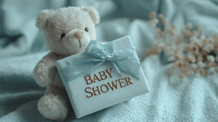 A cute teddy bear holds a beautifully wrapped gift box with a blue ribbon, perfect for a baby shower celebration, set against a soft fabric backdrop.の素材