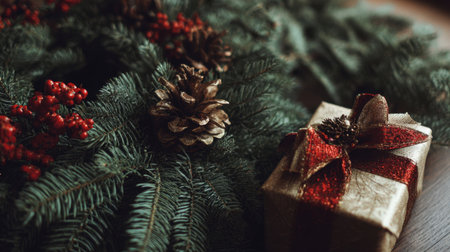 A beautiful Christmas wreath highlights a golden present adorned with a festive ribbon, pine cones, and red berries, capturing the spirit of holiday celebration and joy.の素材