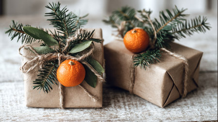 Charming wrapped gifts featuring oranges and greenery, creating a warm holiday atmosphere on a rustic wooden backdrop. Perfect for seasonal themes.の素材
