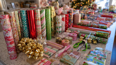 A vibrant display of holiday gift wrapping supplies, including paper rolls, ribbons, and bows, perfectly organized on a table, ready for festive gatherings and celebrations.の素材