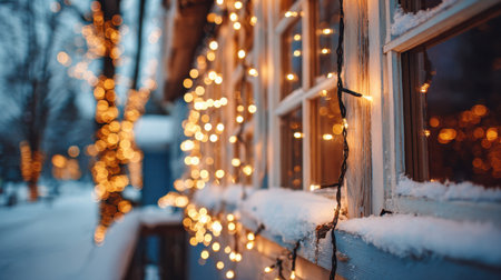 A beautiful winter scene featuring string lights shining warmly on a snow-covered window. The cozy atmosphere evokes holiday cheer during a serene dusk.の素材
