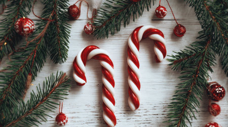 Two red and white candy canes sit amid evergreen branches and ornaments on a rustic wooden surface, creating a cheerful and festive holiday atmosphere perfect for celebrations.の素材