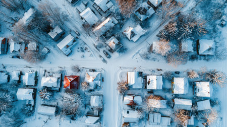 A stunning aerial view of a peaceful village blanketed in snow, with cozy homes and trees under a clear blue sky, showcasing a beautiful winter landscape.の素材