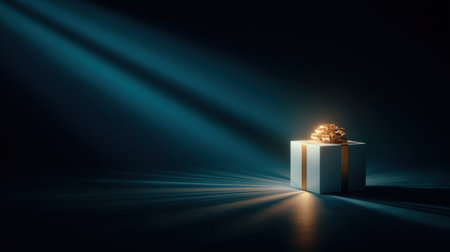 A beautifully wrapped gift box sits alone on a dark surface, illuminated by soft rays of light. The scene creates a sense of mystery and anticipation perfect for special occasions.の素材