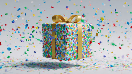 This vibrant 3D rendering features a colorful gift box adorned with a ribbon, surrounded by confetti, perfect for conveying joy and celebratory moments in marketing.の素材