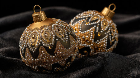 A pair of elegant Christmas ornaments featuring intricate gold and pearl designs, resting on a luxurious black fabric background, perfect for festive decorations.の素材