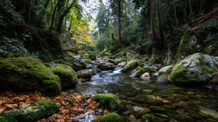 Discover a tranquil forest scene featuring a gentle stream flowing among moss-covered rocks, surrounded by vibrant autumn foliage and serene nature.の素材